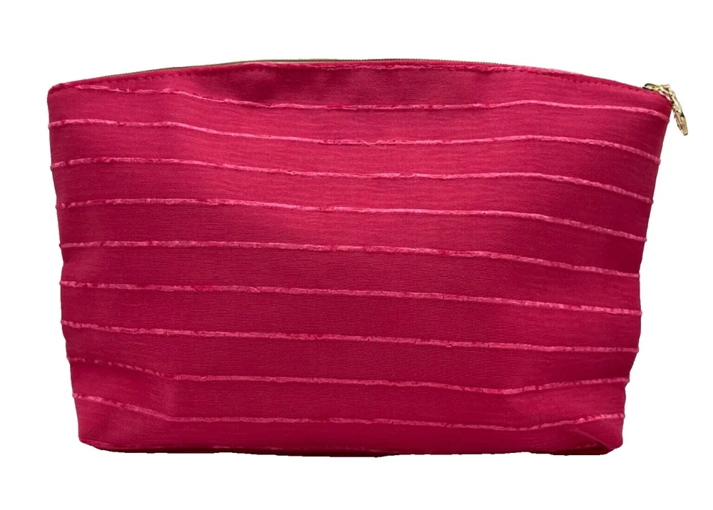Lancome Pink Striped Makeup Bag with Rhinestore Rose Zipper Charm